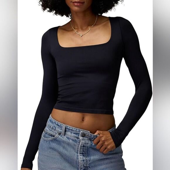Spiritual Gangster Shayla Seamless Long Sleeve Square Neck Black Top Size Small - Picture 1 of 6